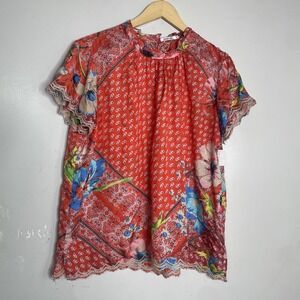 Johnny Was Martha Lisa 100% Silk Blouse Top Red Floral Embroidered L